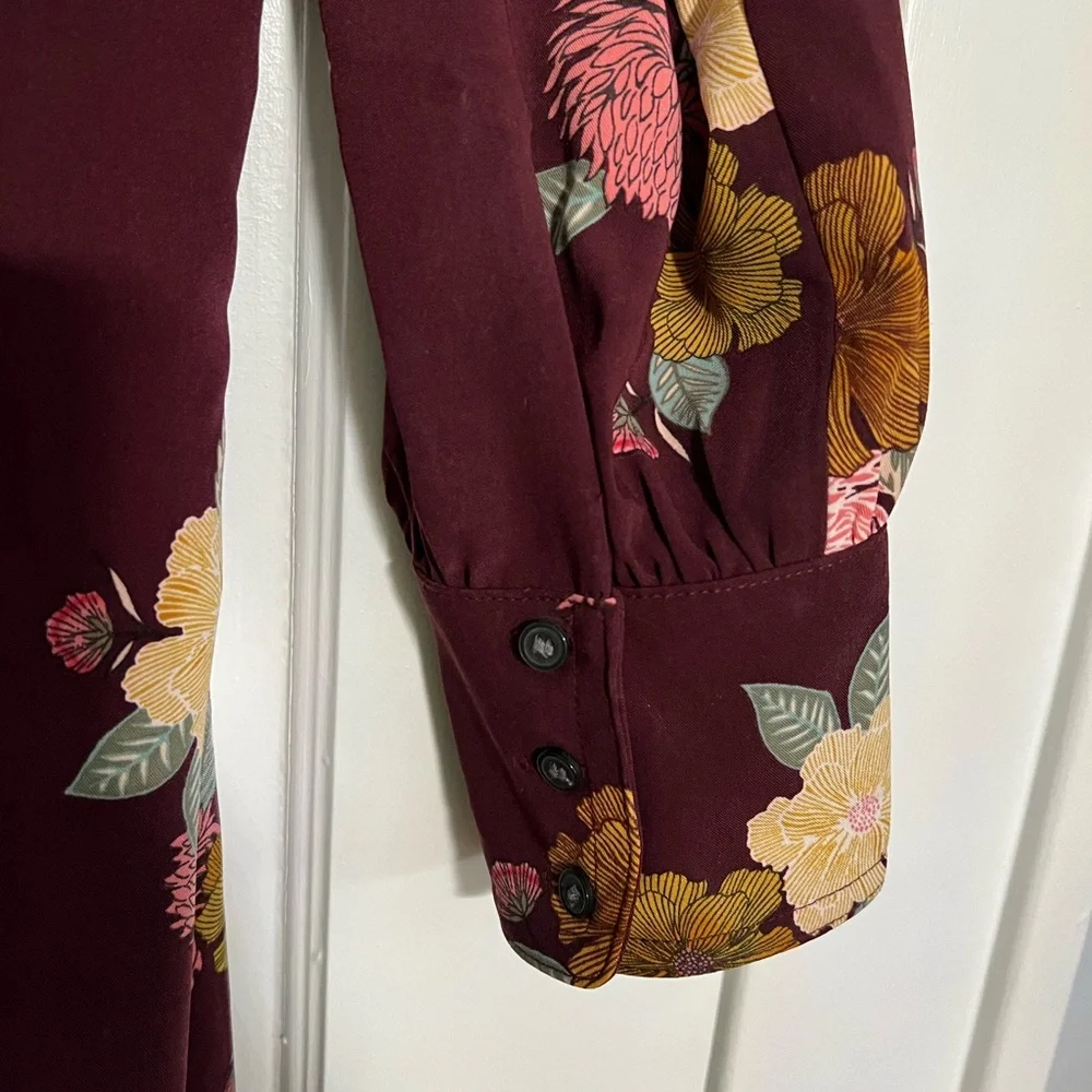 LOFT A-line Dress Burgundy and Cream Bishop Sleeves - Picture 3 of 3
